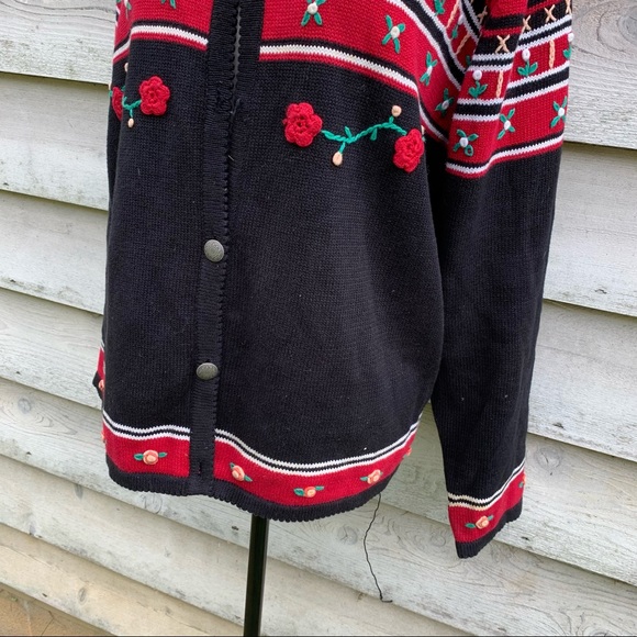 Vintage 90s Red and Black Striped Floral Crochet Crewneck Button Down Sweater - Picture 11 of 16